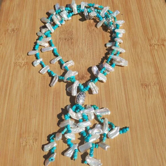 Jay King DTR mine finds Turquoise Keshi Pearl Tassel Necklace 925 Sterling Silve - Picture 6 of 12